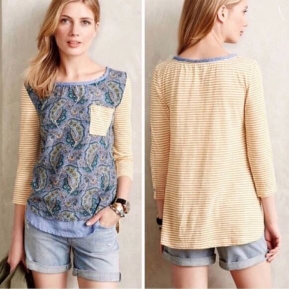 Postmark Anthropologie Size XS Blue & Yellow Paisley Print Striped Tunic Top - Picture 10 of 10